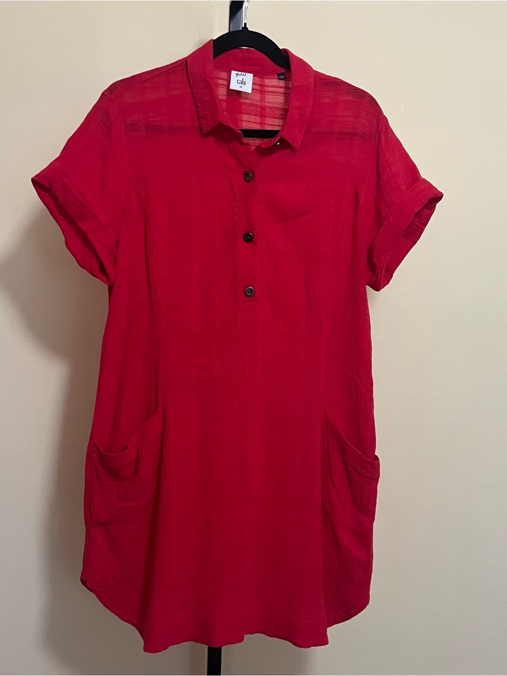 Cabi Bright Red Short-Sleeve Tunic Dress with Front Pockets